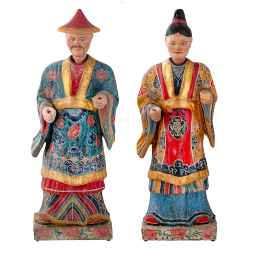 A large pair of North-Italian polychrome-painted papier-machê decorated Magots, a mandarin official and his consort, with tilting heads with lead weights.